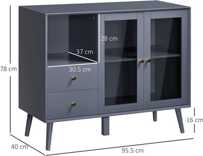 Armadietto Due Ante in Vetro Temperato, Mobiletto Multiuso Con 2 Cassetti, Spazio Aperto E Piano D'Appoggio, in MDF E Legno, 95.5X40X78Cm, Grigio