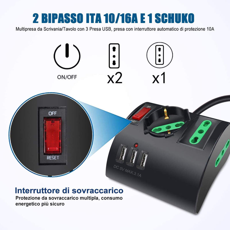 Multipresa Da Scrivania/Tavolo Con 3 Presa Usb,Presa Con Interruttore Automatico Di Protezione 10A,Nero,2500W,3 Prese (2 Ita/Schuko),1.5M