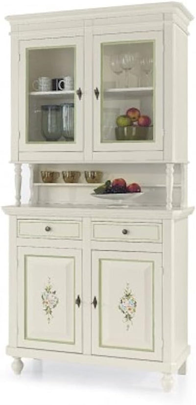 - Vetrina Soggiorno Elegante in Legno Di Pioppo Shabby Chic, Cristalliera Color Bianco Decorato, Con 2 Porte - Mobile Soggiorno, Arte Povera Made in Italy - Mis. 104X43X218H