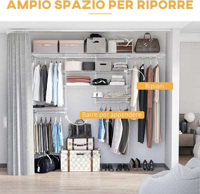 Organizer in Acciaio Montato a Muro Con 9 Ripiani Regolabili E 5 Aste per Appendere, 249.4X38.8X162 Cm, Bianco