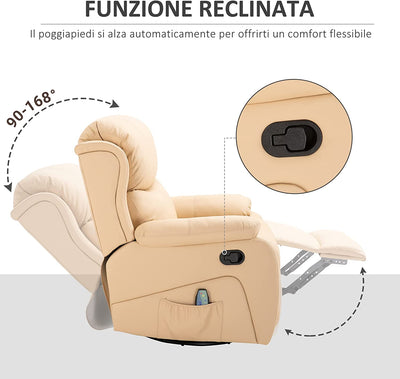 Poltrona Relax Con 8 Punti Massaggianti E Riscaldanti, Poltrona Reclinabile Con Poggiapiedi, 97X92X104 Cm, in Ecopelle Beige