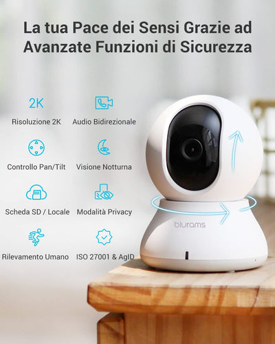 Telecamera Wi-Fi Interno,2K Videocamera Sorveglianza,Rotazione a 360°,Visione Notturna, Tracciamento Del Movimento,Audio Bidirezionale Compatibile Con Alexa&Google Assistant&Ifttt