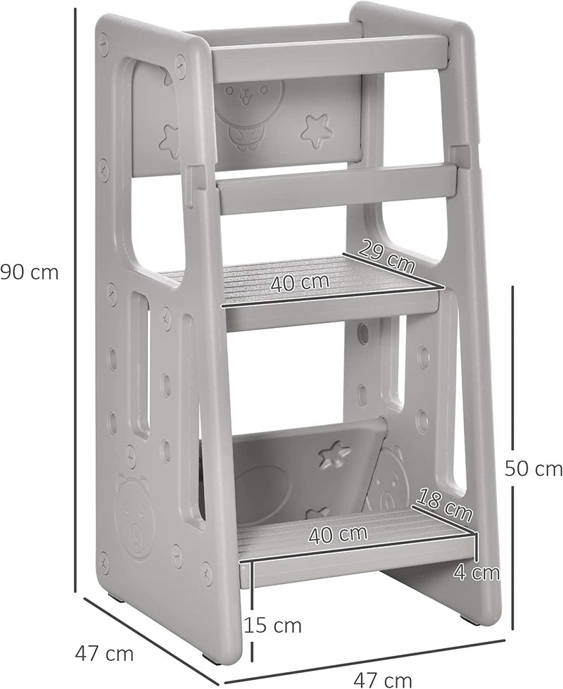 Scaletta per Bambini Torre Montessoriana Altezza Regolabile 3 Livelli, HDPE Inodore, 47X47X90Cm, Grigio