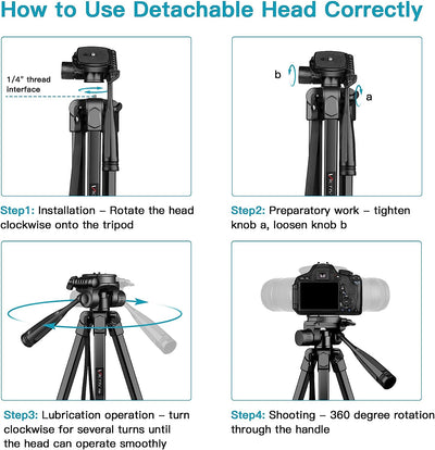 172Cm Treppiede Fotocamera, Treppiedi in Alluminio Leggero, Treppiede Smartphone per Iphone Con Supporto Telefonico E Telecomando Wireless, Con Testa Girevole a 3 Vie per Canon Nikon Sony DSLR