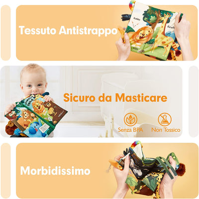 Libri Di Stoffa per Neonati 0 3 6 Mesi, Libro Sensoriali Con 10 Code Della Giungla, Giochi Da Passeggino Libro Interattivo per Tummy Time