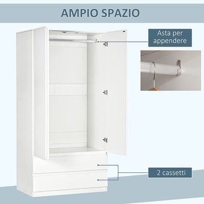 Armadio Guardaroba in Truciolato Bianco Con Appendiabiti E 2 Cassetti Scorrevoli per Camere Da Letto, 100X60X200 Cm