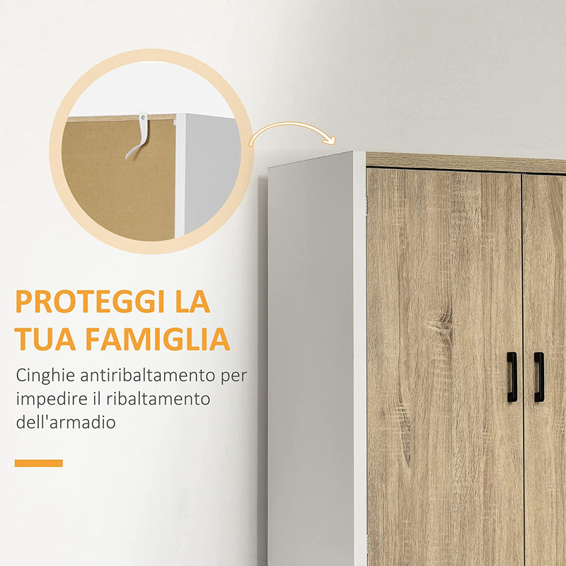 Dispensa Cucina in Legno MDF Con 4 Ripiani Regolabili, 4 Porte E Dispositivo Antiribaltamento, 80X40X182Cm, Color Legno E Bianco