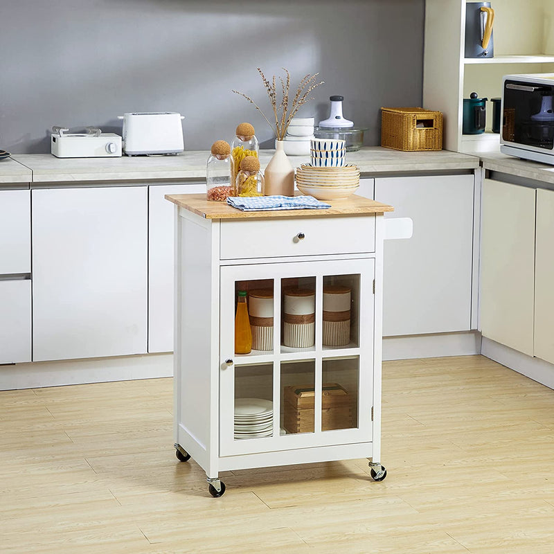 Carrello Da Cucina Multiuso Con Cassetto, Armadietto E 4 Ruote, in Legno Bianco, 67X48X86.5Cm