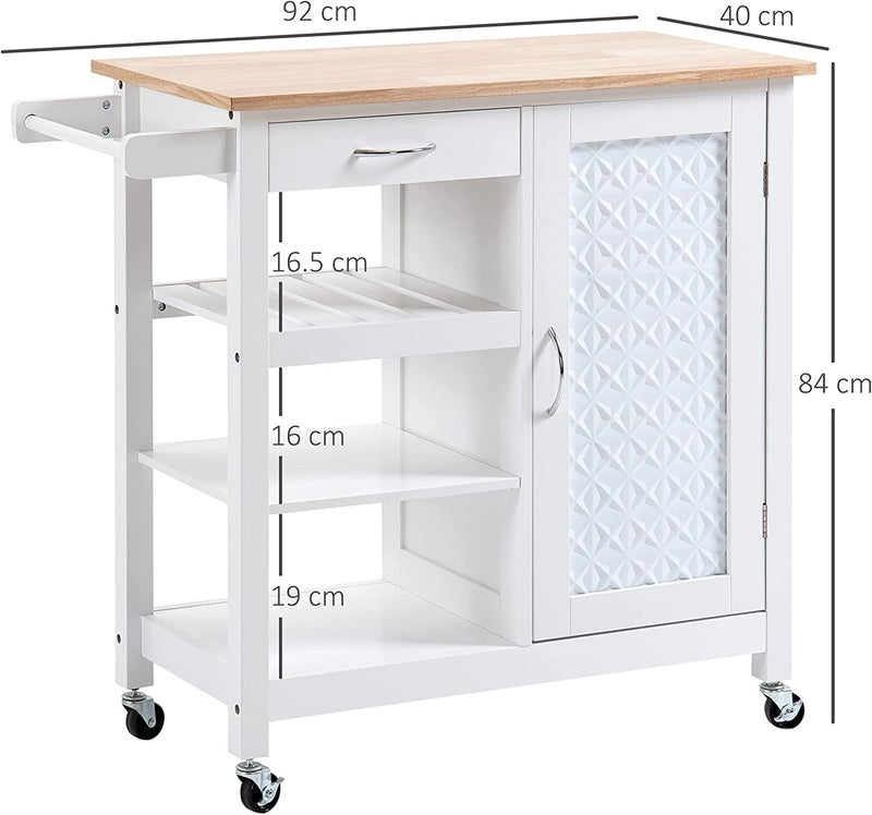 Carrello Da Cucina a 4 Ruote Con 1 Cassetto, 1 Armadietto, 1 Ripiano Aperto a 3 Livelli E 1 Portasciugamani, in MDF E Acciaio, 92X40X84 Cm, Bianco