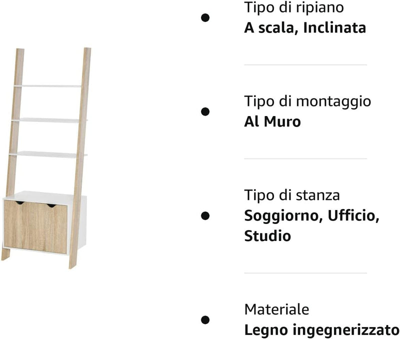 Mobile Libreria a Scala Con 3 Mensole E Armadietto, Scaffale Moderno Stile Nordico in Legno, 60X40X171Cm, Rovere E Bianco