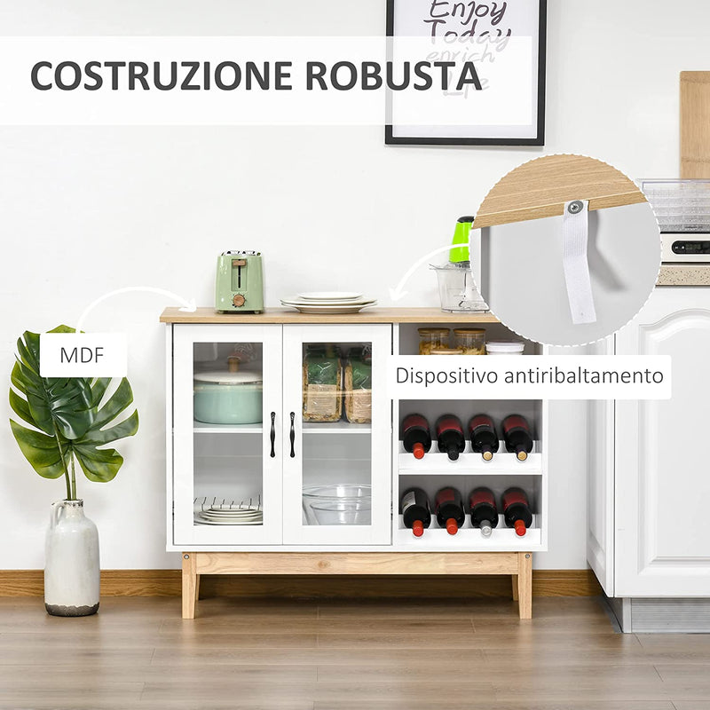 Credenza Moderna Con Armadietto, 3 Ripiani Laterali in Legno Massiccio Con Cantinetta Portabottiglie, Salvaspazio, 103X34X80Cm Bianco