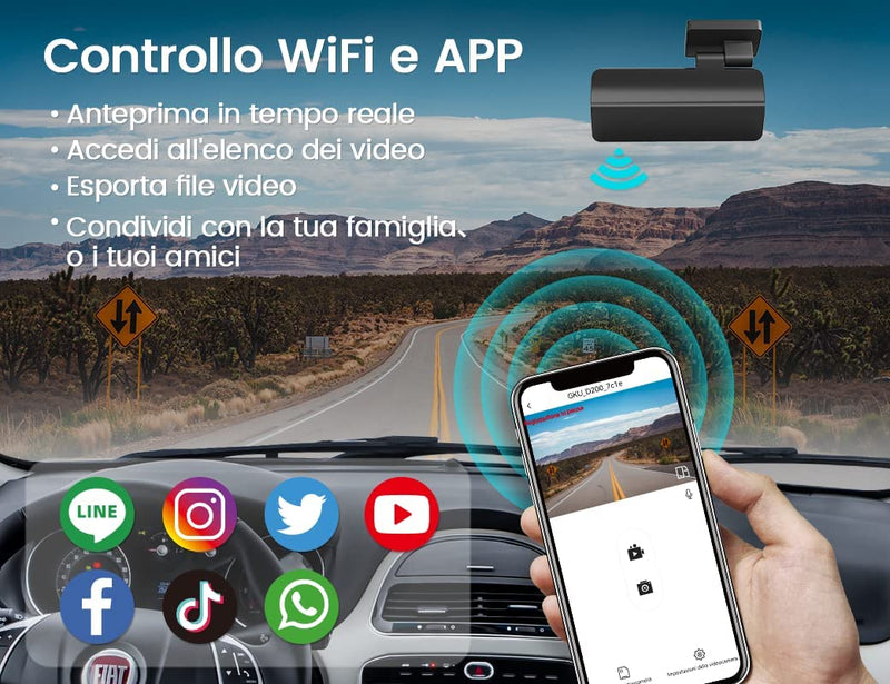 Dash Cam Wifi  Telecamera per Auto Full HD 2.5K 1600P E Super Visione Notturna, WDR, Design Ultracompatto, Grandangolo Di 170°, G-Sensor, Registrazione in Loop, 24H Monitor Di Parcheggio,Max 128G