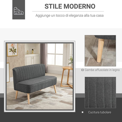 Divano 2 Posti Moderno in Tessuto Senza Braccioli, Struttura E Gambe in Legno, 117X56.5X77Cm Grigio Scuro