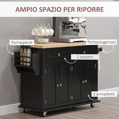 Carrello Da Cucina Portavivande Con Cassetti, Armadietti, Portaspezie E 4 Ruote, in Legno E MDF, 111X44.5X82.5 Cm, Nero