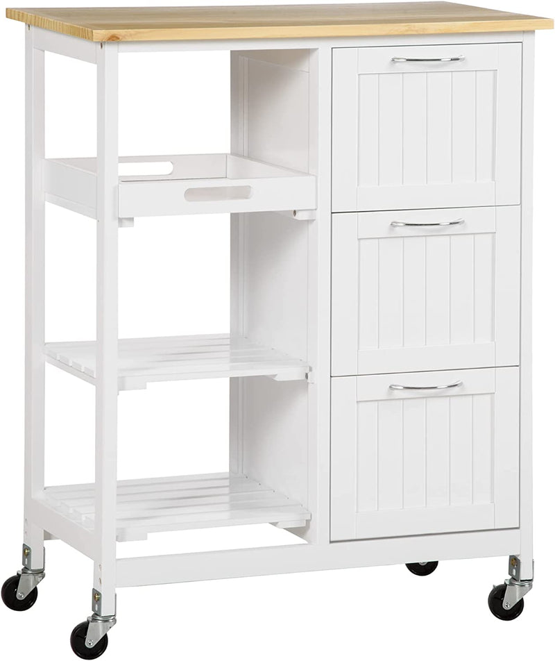 Carrello Da Cucina Con 3 Cassetti, 2 Ripiani Aperti E Vassoio Rimovibile, in MDF E Legno Di Pino, 67X37X84Cm, Color Legno E Bianco