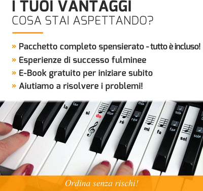 Adesivi per Tasti per Pianoforte + Tastiera per 49 | 61 | 76 | 88 Tasti + Ebook Gratuito | Set Completo Premium per Tasti Neri + Bianche | DO-RE-MI-FA-SOL-LA-SI | Istruzioni in Italiano