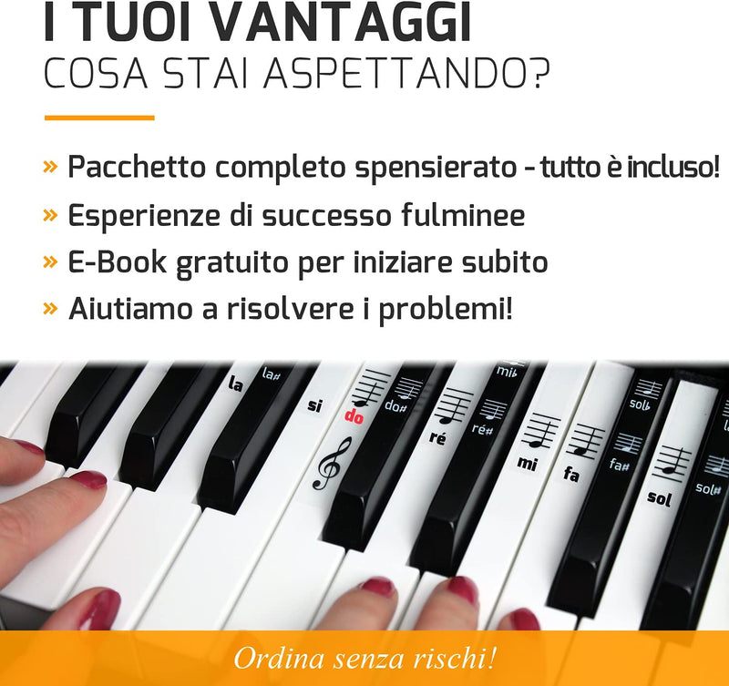 Adesivi per Tasti per Pianoforte + Tastiera per 49 | 61 | 76 | 88 Tasti + Ebook Gratuito | Set Completo Premium per Tasti Neri + Bianche | DO-RE-MI-FA-SOL-LA-SI | Istruzioni in Italiano