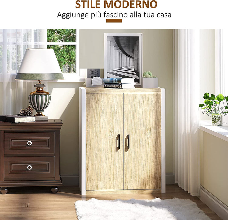 Mobiletto Multiuso per Ingresso E Soggiorno, Armadietto 2 Ante Con Mensola Regolabile in MDF, 62X40X77Cm, Bianco E Legno