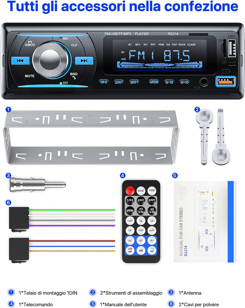 RDS Autoradio Bluetooth 5.0 Vivavoce,  FM/AM Bluetooth Autoradio Con Telecomando, Supporto Due USB/AUX In/Sd/Tf/Wma/Wav/Mp3 Player, 1 DIN Stereo Radio 4X65W Supporto Ios Android