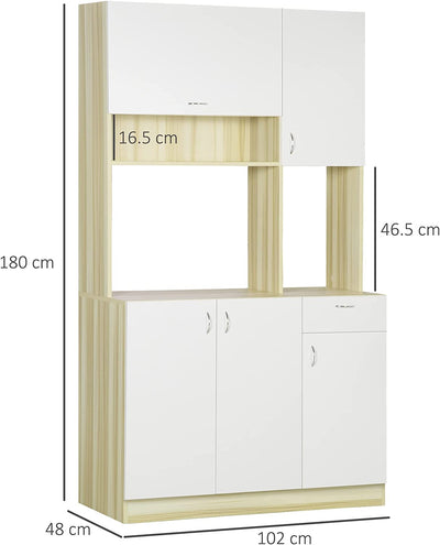 Mobile Buffet a 4 Porte per Cucina Con 3 Armadietti, Cassetto, Pensile E Piano D'Appoggio in Truciolato, 102X48X180Cm, Bianco E Color Legno