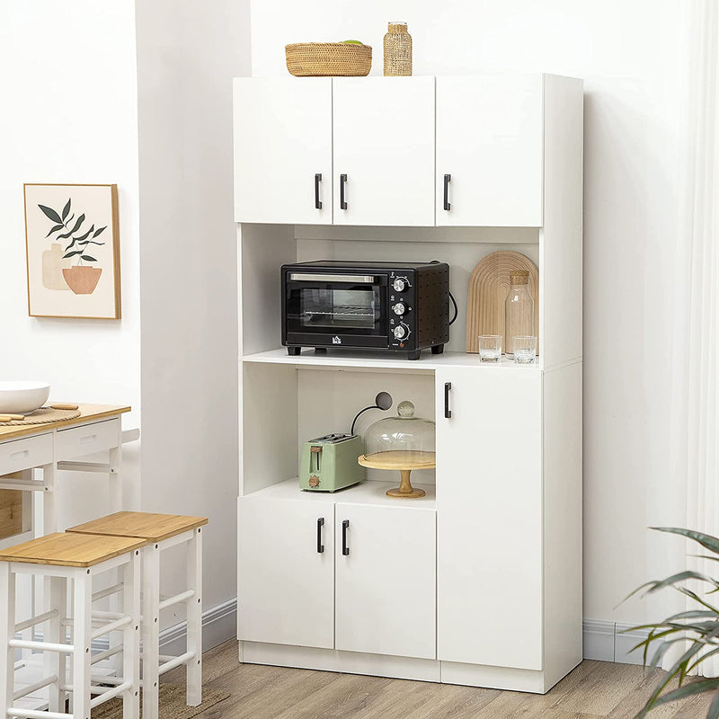 Mobile Dispensa Alto in Truciolato Con 6 Armadietti E 2 Ripiani Aperti, per Cucina, Sala Da Pranzo E Soggiorno 100X40X180 Cm, Bianco