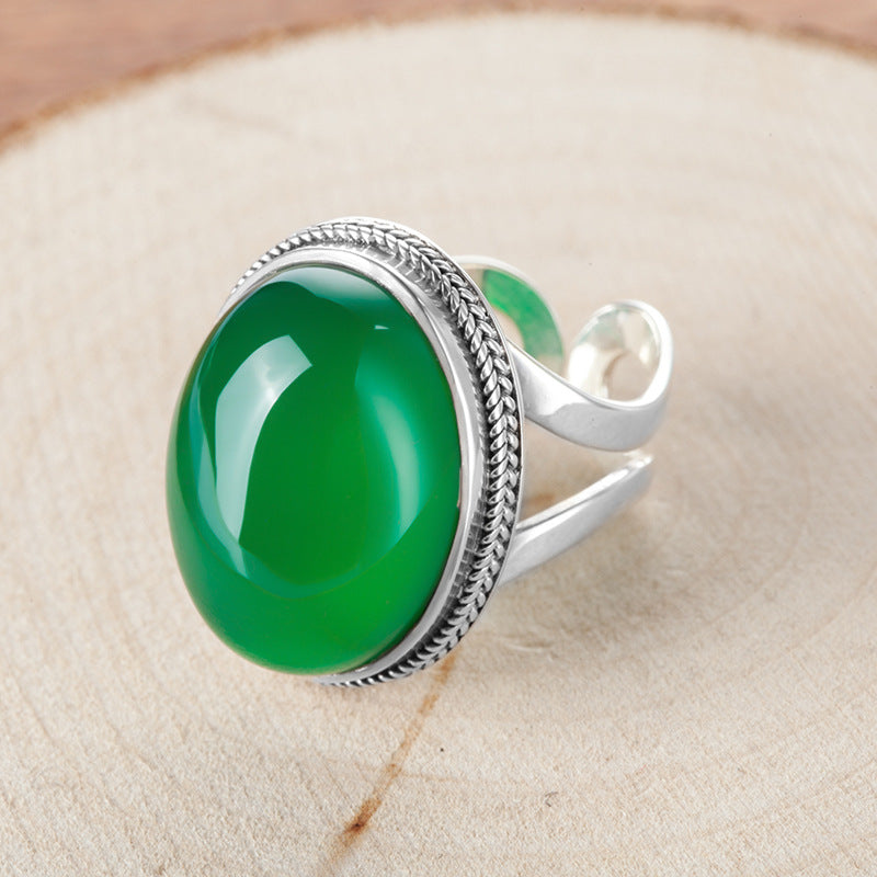 925 Sterling Silver Thai Silver Natural Green Chalcedony Ring Vintage Index Ring Female Exaggerated Gemstone Ring