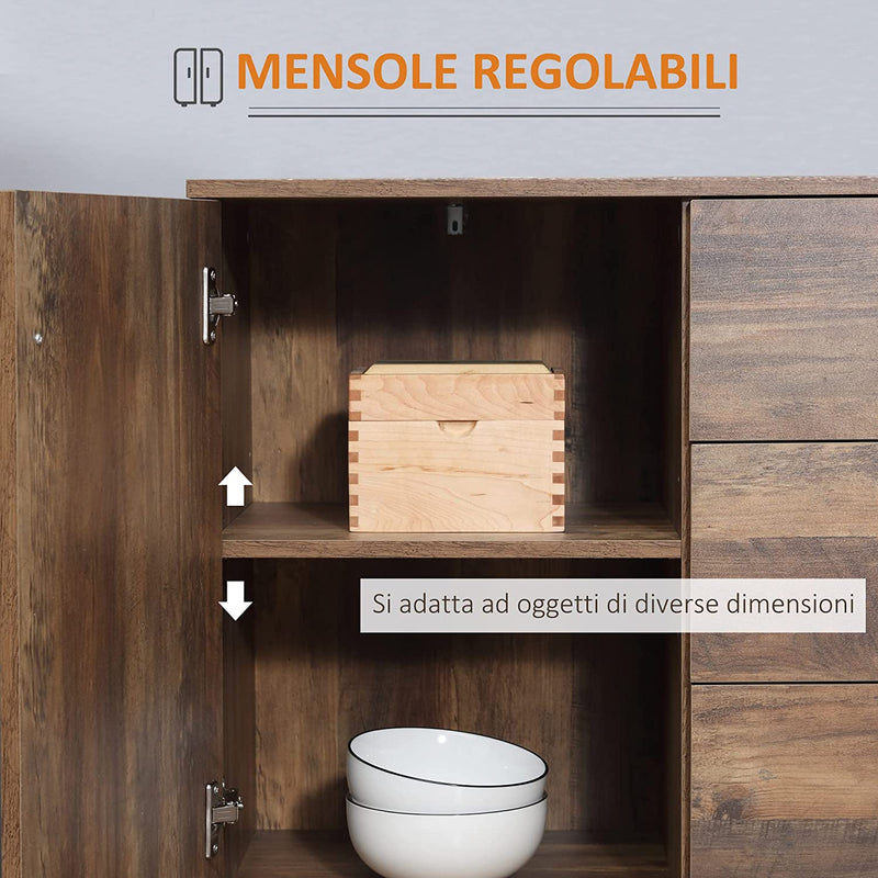 Credenza Moderna in Truciolato E Metallo per Cucina E Soggiorno Con 2 Armadietti a 2 Ante Con Ripiani Regolabili E 3 Cassetti, 120X39.5X77 Cm, Marrone