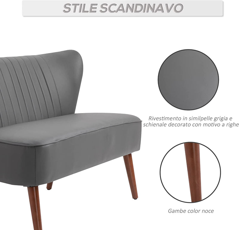 Divano a 2 Posti Dal Design Moderno, Telaio in Legno E Rivestimento in Pelle Sintetica Grigia, 108.5 X 61 X 79Cm