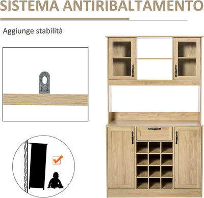 Mobile Cucina Con Cassetto, 4 Armadietti, Mensole E Portabottiglie, Credenza Alta in Legno, Rovere, 106X48X180Cm