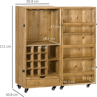 Portabottiglie Vini Da 14 Bottiglie Con Cassetto, 3 Ripiani Aperti, Portabicchieri a 4 File E 6 Ruote, in Legno Di Abete E Metallo, 105X37X111 Cm, Marrone