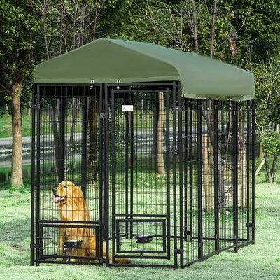 Kennel per Cani in Acciaio per Interni Ed Esterni Con Tettuccio in Tessuto Oxford E 2 Ciotole, 244X122X183 Cm, Nero E Verde Scuro