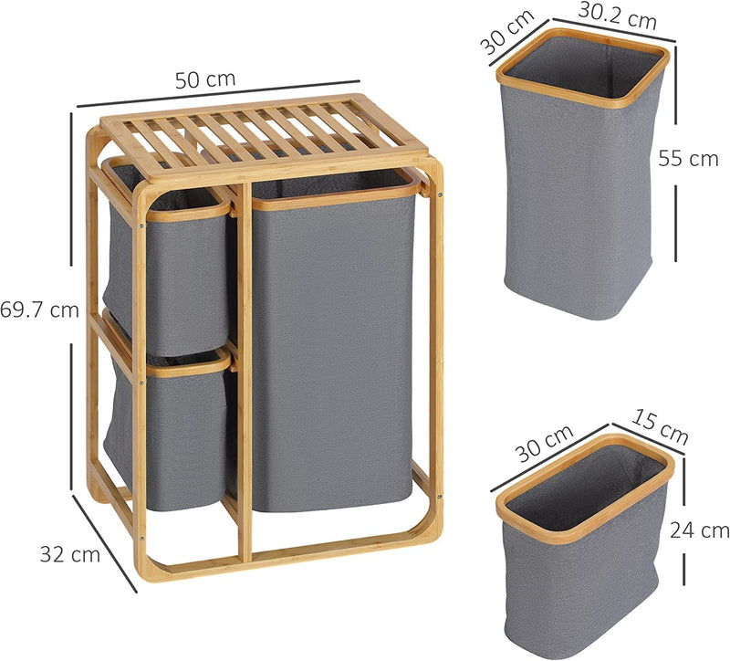 Cesto Portabiancheria Con 3 Scomparti Estraibili, Sacchi Portabiancheria in Tessuto E Struttura in Bambù, 50X32X69.7Cm