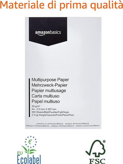 Carta Da Stampa Multiuso A4 80Gsm, 2500 Unità, 5 Confezioni Da 500 Fogli, Bianco