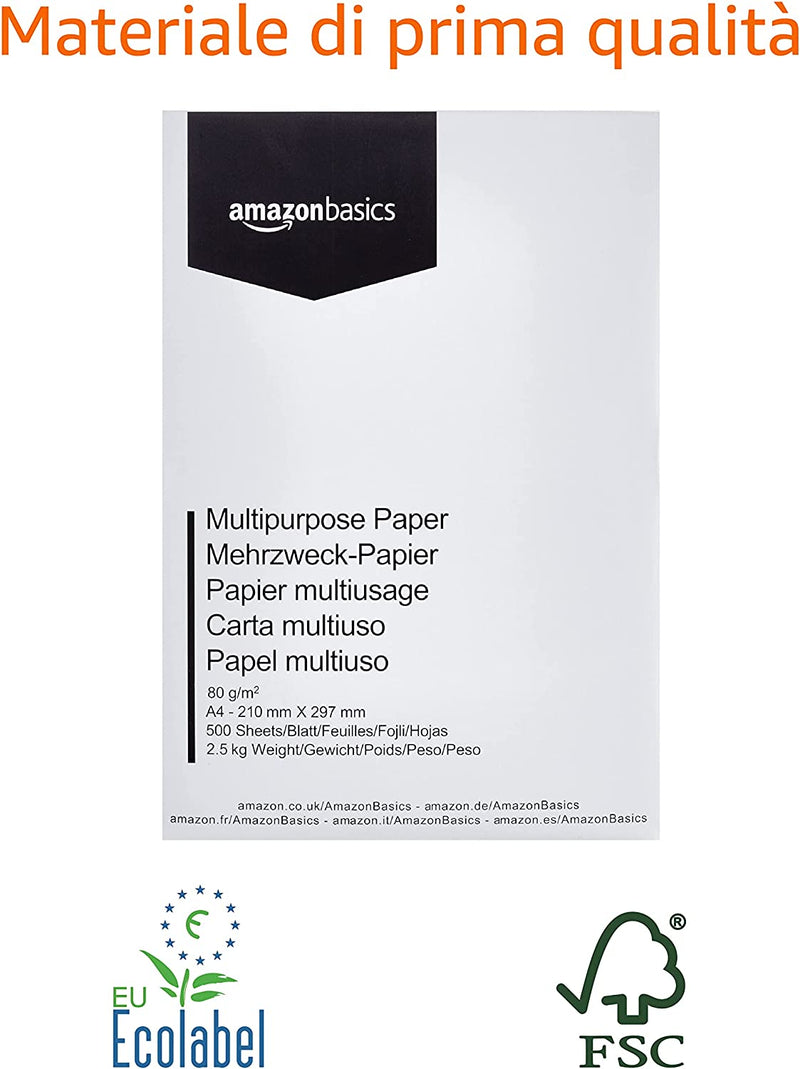 Carta Da Stampa Multiuso A4 80Gsm, 2500 Unità, 5 Confezioni Da 500 Fogli, Bianco