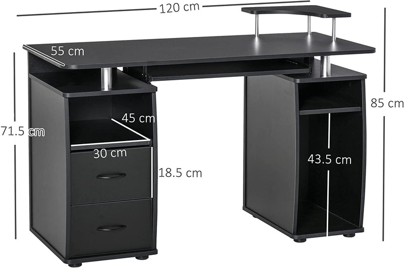 Scrivania per Computer Moderna Porta PC, Scrivania Da Ufficio in Legno Con Cassetti, Mensola Estraibile E Porta Tastiera, 120X55X85Cm, Nero