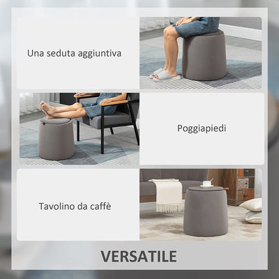 Pouf Poggiapiedi in Velluto Con Contenitore, Coperchio 2 in 1 Con Imbottitura E Lato in Legno, Tavolino Da Caffè Rotondo Ø44 X 47.5Cm, Grigio