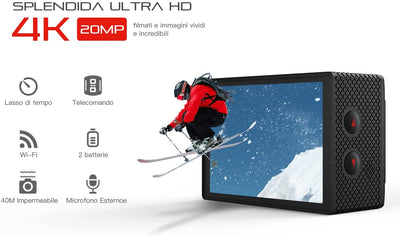 Action Cam HD 4K 20MP Wifi Con Microfono Esterno Fotocamera Sott'Acqua 40M Con Telecomando Action Camera Hd 4K Videocamera Impermeabile 170° Grandangolare Time Lapse/2 Batterie 1200Mah/Accessori