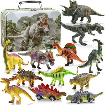 Dinosauri per Bambini, Giochi Bambini 3 2 4 5 6 7 8 Anni Dinosauro Giocattolo Con Scatola Di Stoccaggio 12 Grandi Figure Di Dinosauri Realistici - 2 Auto a Retrocarica