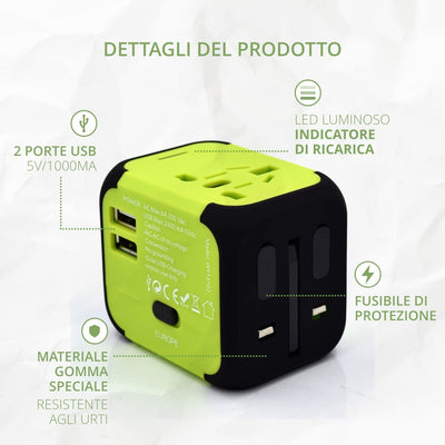 Adattatore Universale Da Viaggio Compatto per Prese Elettriche Spine Europa Uk Usa Australia All-In-One Presa 6,0A Incorporata 2 Porte Usb 5V/2400Ma per Caricare Smartphones/Tablet