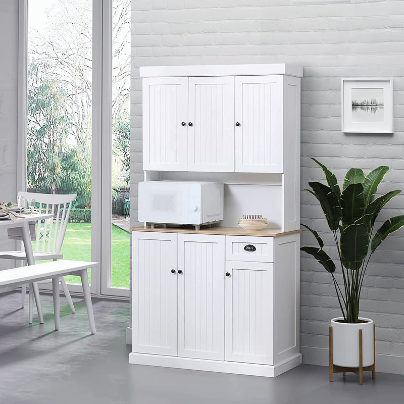 Mobile Cucina in Legno Con Armadietti E Cassetto, Credenza Stile Country Con Mensole Regolabili, 101X39X180Cm, Bianco