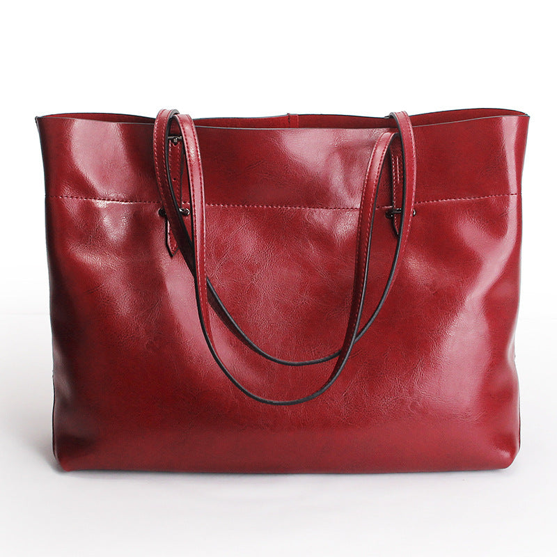 New Handbag Leather Casual Wax Cowhide Handbag Bag Lady Bag Factory Wholesale Horizontal