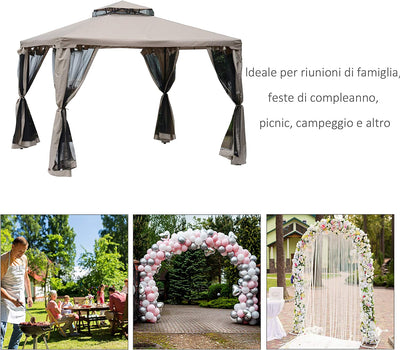 Tenda Gazebo Da Giardino Con Zanzariera, Struttura in Metallo Copertura in Poliestere, 294X294Cm, Talpa