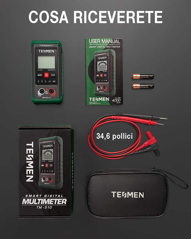 TM-510 Multimetro Digitale, 4000 Conta Tester Elettricista, Misurazione Smart, Autoranging, Senza Contatto, Misura Tensione AC/DC, Resistenza, Continuità – Verde