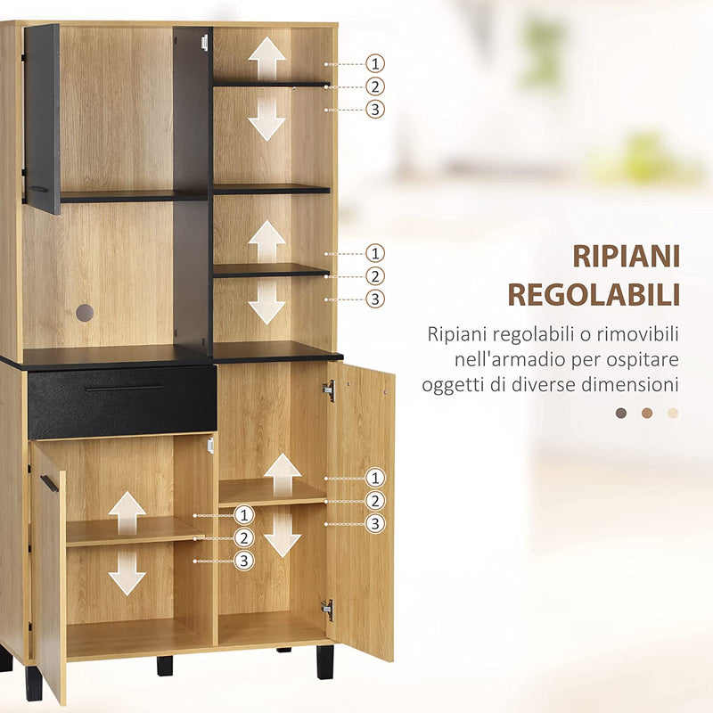 Mobile Cucina Moderno in Truciolato E Legno Di Pino Con Cassetti E Ripiani Regolabili, 90X40X180 Cm, Color Legno E Nero