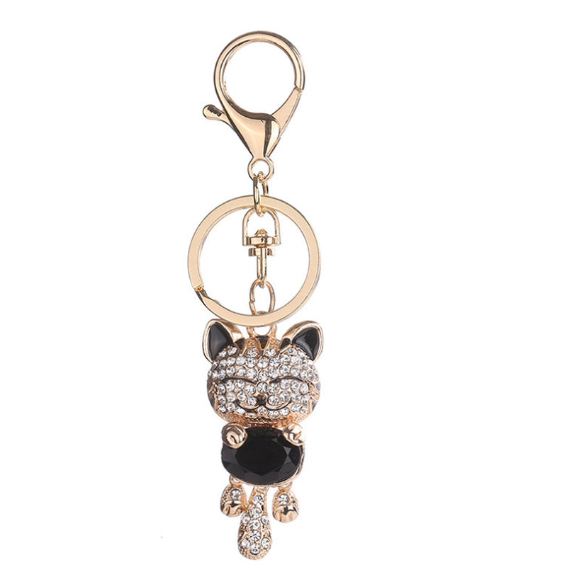 Fashion Enamel Lucky Cat Crystal Keychain Alloy Keyring for Women Party Gift Key Chains