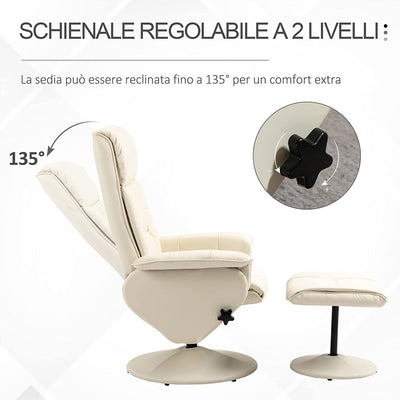 Poltrona Relax Reclinabile Fino 135° Con Seduta Girevole E Pouf Poggiapiedi Abbinato, 80X69X110Cm, Crema