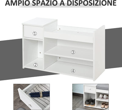 Panca Scarpiera Con Cuscino, Cassetto E 3 Vani Aperti, Mobile per Ingresso in Legno 81X31.5X49Cm, Bianco