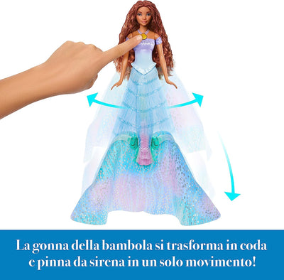 La Sirenetta - Ariel Bambola Trasformabile, Cambia Da Umana a Sirena, Premi La Collana E L'Abito Blu Diventa Una Coda Da Sirena Multicolore, Giocattolo per Bambini, 3+ Anni, HLX13