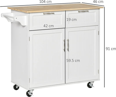 Carrello Da Cucina Multiuso in Legno, Mobile Da Cucina Salvaspazio Con 2 Cassetti, Armadietto E 4 Ruote, 104X46X91Cm, Bianco