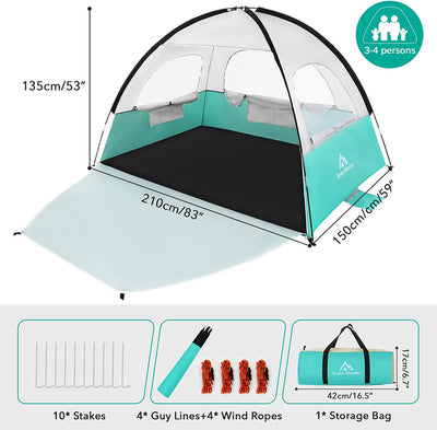 Tenda Da Spiaggia, 4/6 Persones Tenda Parasole Spiaggia, Tenda Da Campeggio Spiaggia Con Protezione Solare UPF 50+, Adatta per Campeggio, Pesca, Giardino